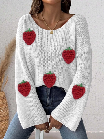 Dames Losjes Off Shoulder Gebreide Trui 3D Aardbei Patchwork Pullover Lange Klokmouw Zoet Straatmode Top