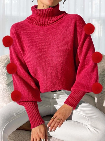 Damen Casual High Neck Lange Fledermausärmel Einfarbig Bommel Pullover Pullover Hirschvlies Winter Warm Mode Strickwaren Top