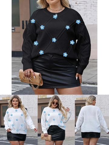 Pull en Maille Grandes Tailles pour Femmes Patchwork Floral 3D Motif Argyle Col Rond Manches Longues Décontracté