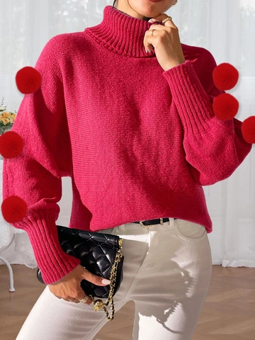 Damen Casual High Neck Lange Fledermausärmel Einfarbig Bommel Pullover Pullover Hirschvlies Winter Warm Mode Strickwaren Top