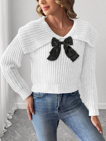 Pull en Maille Femme avec Patchwork de Nœud Revers Pull Court Manches Longues Style Streetwear Gris Blanc Noir Maille