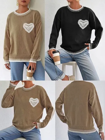 Suéter de Punto Casual para Mujer Borde de Contraste Parche de Encaje Corazón Lazo Manga Larga Cuello Redondo Pullover Holgado