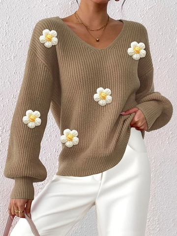 Maglione Pullover da Donna alla Moda con Fiori 3D all'Uncinetto Scollo a V Manica Lunga in Maglia Larga Patchwork Top a Maglia Streetwear