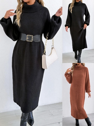 Women Turtleneck Lantern Sleeve Knitted Maxi Dress Loose Ribbed Solid Color Autumn Winter Sweater Long Dress Without Belt