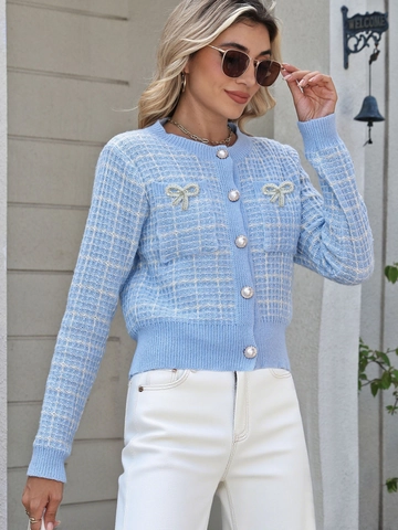 Cardigan en Maille Plaid Vintage Femmes Manches Longues Col Rond Bouton Künstliche Perle Nœud Strass Pull Élégant Veste Top