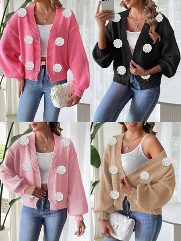 Cárdigan de Punto con Flores de Ganchillo 3D para Mujer Manga Linterna Abierto Patchwork Streetwear Suéter Suave