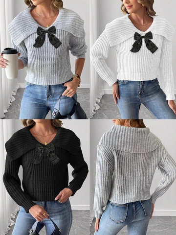 Pull en Maille Femme avec Patchwork de Nœud Revers Pull Court Manches Longues Style Streetwear Gris Blanc Noir Maille