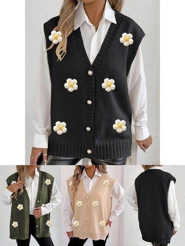 Women's Casual Knit Vest V-Neck Cardigan Loose Sleeveless Sweater With 3D Flower Patchwork And Artificial Pearl Buttons