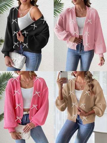 Cardigan Décontracté Femme Ouvert sur le Devant Pull en Tricot Ample Avec Détail Nœuds en Ruban Satin Manches Lanternes Manteau