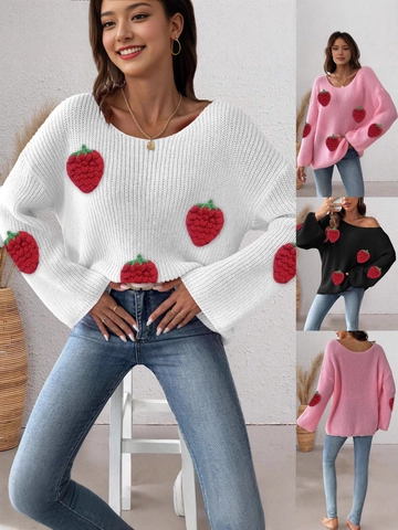 Dames Losjes Off Shoulder Gebreide Trui 3D Aardbei Patchwork Pullover Lange Klokmouw Zoet Straatmode Top