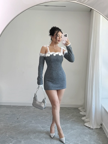Abito Mini Sexy In Maglia Con Scollo A Barca Per Donna Con Bordo In Pizzo E Fiori Decorativi Maniche Lunghe Staccabili Grigio