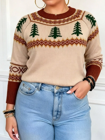 Dames Grote Maten Acryl Gebreide Trui met Kerstboom Jacquard Ronde Hals Lange Mouw Casual Pullover Winter Top