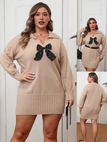 Vestido de Suéter de Punto Caqui de Talla Grande para Mujer Con Lazo Negro Cuello Polo Patchwork Manga Larga Moda Elegante