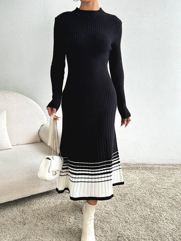 Women Striped Knit Sweater Dress Slim Fit Long Sleeve Color Block Round Neck Pleated Midi Knitwear Autumn Winter Dress