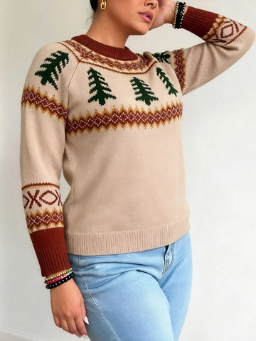 Dames Grote Maten Acryl Gebreide Trui met Kerstboom Jacquard Ronde Hals Lange Mouw Casual Pullover Winter Top