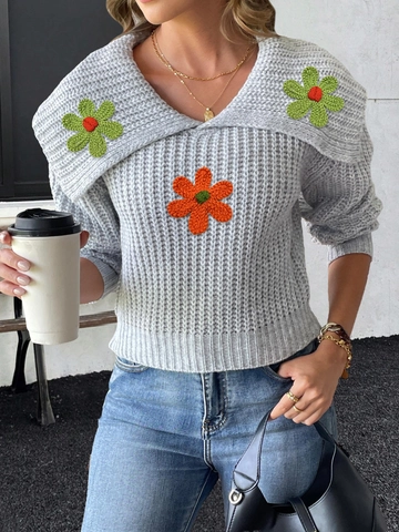 Women Large Lapel Crochet Flower Patchwork Knit Sweater Long Sleeve Ribbed Short Pullover Jumper Winter Fashion Clothing Top