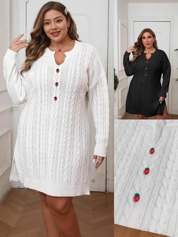 Robe Pull Femmes Grande Taille Col en V Tricot Torsadé Avec Boutons Fraise 3D Manches Longues Patchwork Midi Robe
