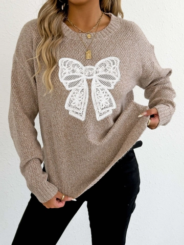 Women's Round Neck Pullover Top Butterfly Patchwork Embroidery Lace Snowflake Velvet Sweater Long Sleeve Knitwear For Winter