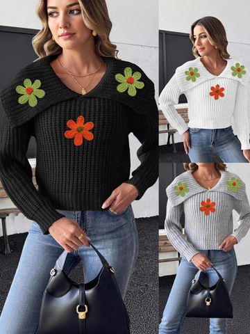 Suéter de Punto con Flores de Ganchillo para Mujer Corto Solapa Grande Manga Larga Patchwork Floral Streetwear Informal