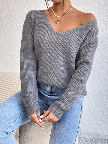 Pull Femme Sexy Col en V Dos Nu Patchwork de Dentelle à Lacets Manches Longues Pull-over en Viscose Tricoté Haut Femme