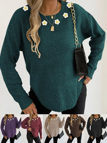 Suéter de Punto Casual para Mujer Cuello Redondo Manga Larga Patchwork de Margaritas de Ganchillo Top de Otoño Invierno