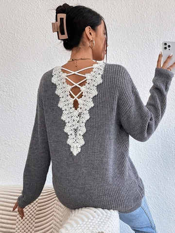 Pull Femme Sexy Col en V Dos Nu Patchwork de Dentelle à Lacets Manches Longues Pull-over en Viscose Tricoté Haut Femme