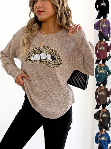 Maglione da Donna Casual con Labbra Leopardate e Paillettes Girocollo Manica Lunga Patchwork Poliestere Streetwear Invernale