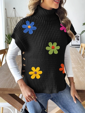 Women Turtleneck Knit Vest With 3D Crochet Flowers Side Buttons Sleeveless Ribbed Pullover Sweater Vest Casual Top