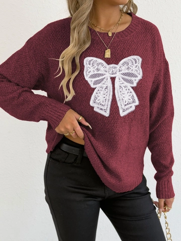 Women Casual Crew Neck Long Sleeve Sweater With Embroidered Lace Bow Patchwork Knit Top Autumn Winter Pullover