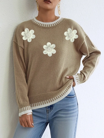 Pull en Maille Ample pour Femmes Avec Appliqué Floral 3D Bordure à Rayures Contrastées Col Rond Décontracté