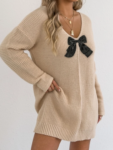 Abito in Maglia da Donna con Scollo a V e Fiocco Design a Maniche Lunghe Ampio Pullover per lo Stile Quotidiano Streetwear