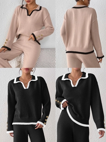 Women Casual Knitted Sweater Set V Neck Lapel Contrast Color Pullover Top And Pants With Gold Buttons Long Sleeve Streetwear