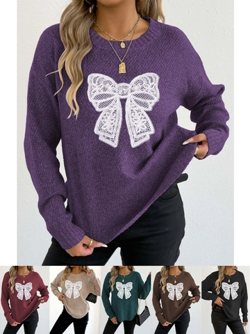 Women Casual Crew Neck Long Sleeve Sweater With Embroidered Lace Bow Patchwork Knit Top Autumn Winter Pullover