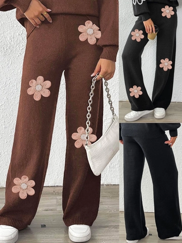 Damen Schickes Strick-Oberteil Und Hose Mit Weitem Bein Mit 3D-Blumenapplikation Perlen Lässige Lange Ärmel Hohe Taille Set