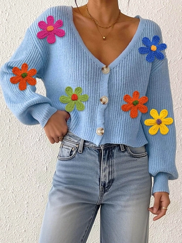 Cardigan da Donna con Fiori all'Uncinetto 3D Maglia Scollo a V con Bottoni Maniche Lunghe Street Style Top Casual