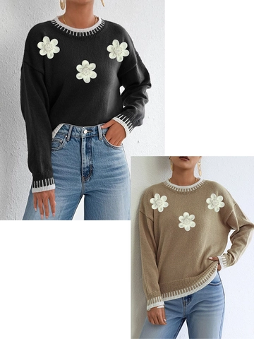 Pull en Maille Ample pour Femmes Avec Appliqué Floral 3D Bordure à Rayures Contrastées Col Rond Décontracté