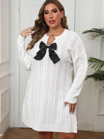 Vestito a Maglia da Donna Taglie Forti con Trecce Scollo a V Manica Lunga Abito Mini Bianco con Grande Fiocco Nero Autunno Inverno