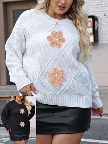 Pull Femme Grande Taille en Maille Torsadée Patchwork de Broderie Florale 3D Col Rond Manches Longues Décontracté