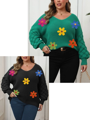 Pull Grande Taille pour Femmes Col en V Applique Florale 3D Manches Lanternes Tricot Ample Pull Manches Longues Décontracté