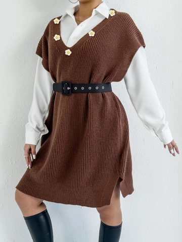 Women Loose Crochet Floral Patchwork Knit Vest Dress Vintage V-Neck Sleeveless Sweater Top Casual Streetwear Long Pullover