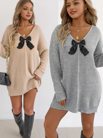 Abito in Maglia da Donna con Scollo a V e Fiocco Design a Maniche Lunghe Ampio Pullover per lo Stile Quotidiano Streetwear