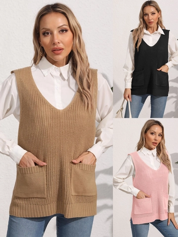 Women Casual V-Neck Knit Sweater Vest Solid Color Double Pocket Sleeveless Top Fashion Acrylic Waistcoat For Streetwear Daily Wear