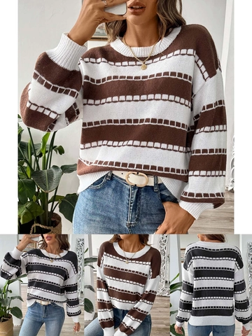 Maglione Pullover Donna Casual a Righe Colorblock Girocollo Manica Lunga Patchwork Maglieria Caldo Top Autunno Inverno