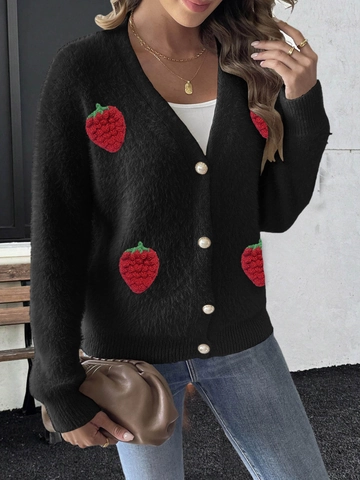 Cardigan da Donna in Pelliccia di Visone Sintetica Maglione con Ricamo a Fragola Bottoni di Perle Scollo a V Manica Lunga Invernale