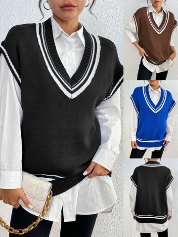 Women's Preppy Style V-Neck Knitted Sweater Vest Contrast Stripe Sleeveless Acrylic Pullover Casual Academic Knitwear Top