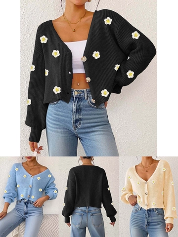 Damen Chenille Strickjacke Mit Handgehäkelten 3D-Blumen Locker Langarm V-Ausschnitt Kurzer Strickpullover Top