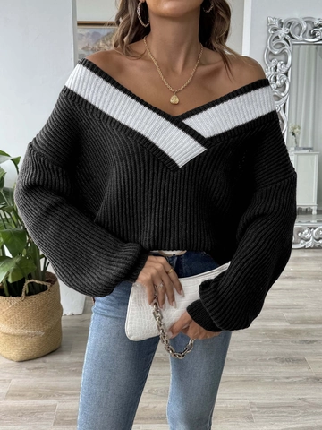 Pull en Tricot Décontracté pour Femmes avec Col en V et Blocs de Couleur Coupe Ample Manches Longues pour Automne Hiver