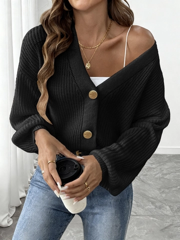Chaqueta de Punto para Mujer Con Cuello en V Y Botones Dorados Casual Color Sólido Corto Manga Larga Top de Punto