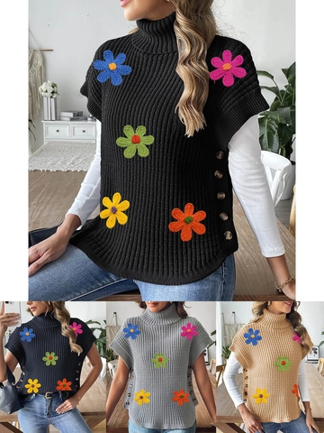Women Turtleneck Knit Vest With 3D Crochet Flowers Side Buttons Sleeveless Ribbed Pullover Sweater Vest Casual Top