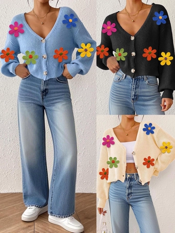 Cardigan da Donna con Fiori all'Uncinetto 3D Maglia Scollo a V con Bottoni Maniche Lunghe Street Style Top Casual